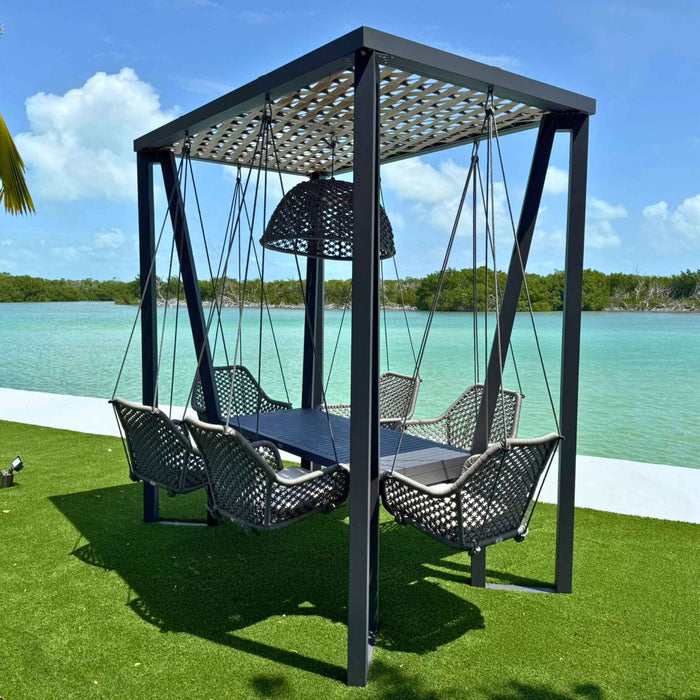 Horizon 8FT Pergola with Lamp, Hanging Chairs & Aluminum Table
