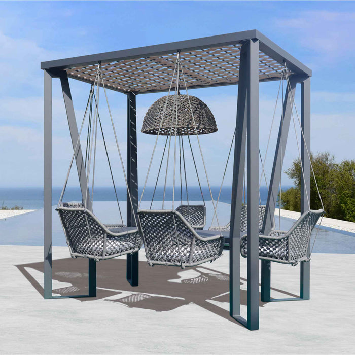 Horizon 8FT Pergola with Lamp, Hanging Chairs & Aluminum Table