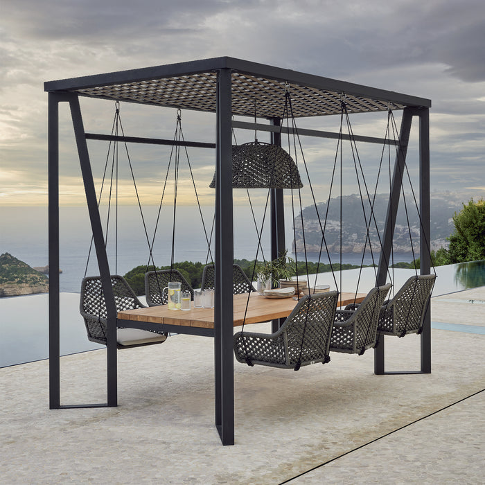 Horizon Pergola with Lamp, Hanging Chairs & Teak Table